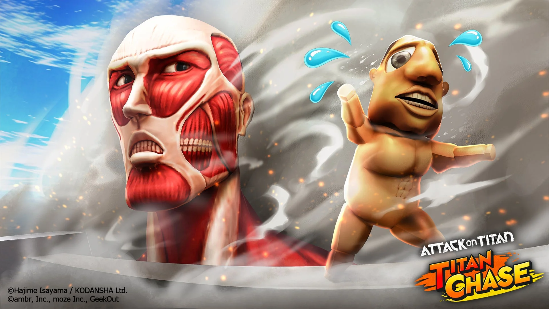 「進撃の巨人 Titan Chase」のキービジュアル。超大型巨人と無垢の巨人が登場。