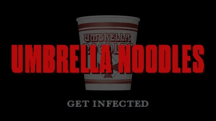アンブレラヌードルのロゴとカップ麺「GET INFECTED」の文字