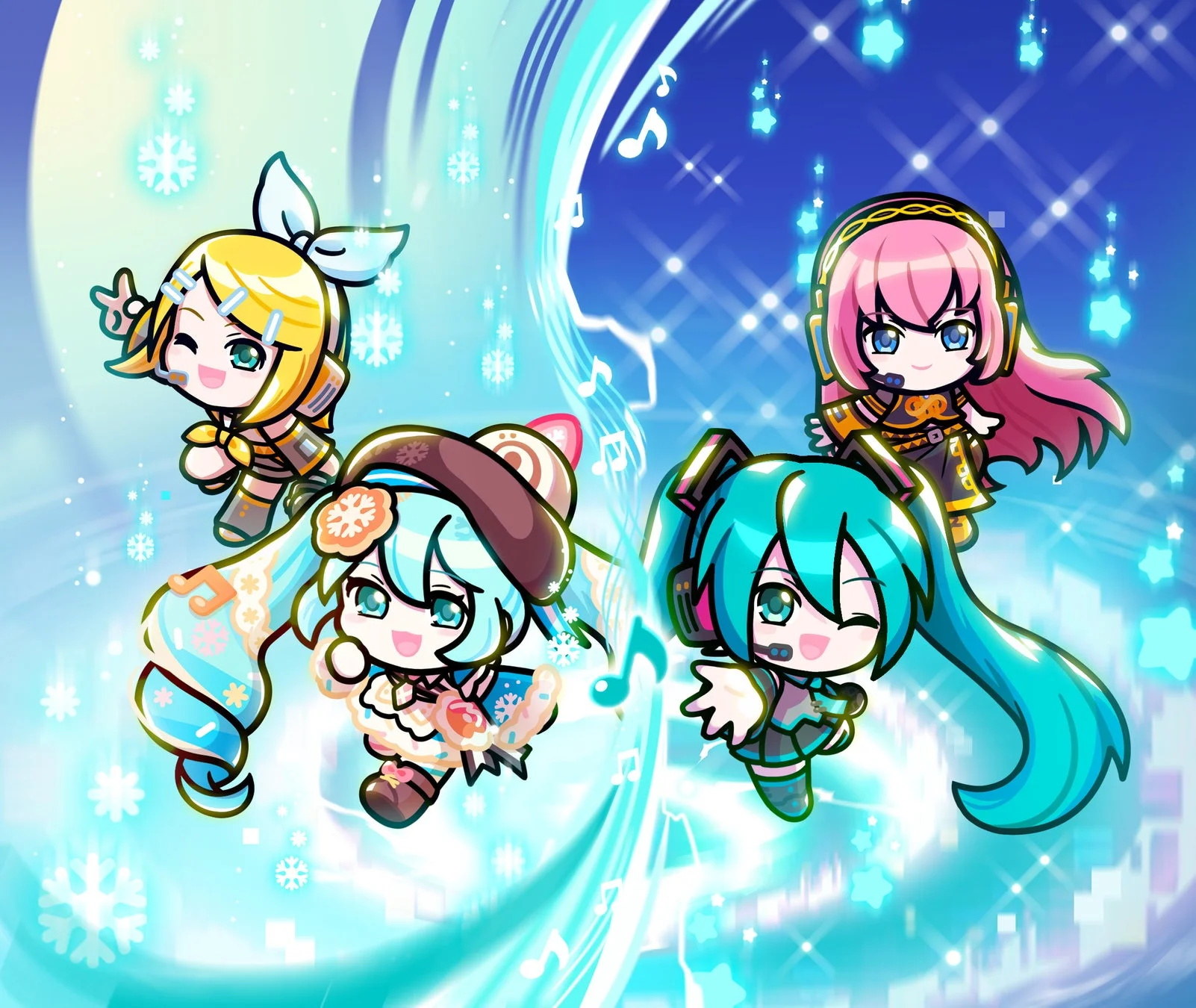 LINE おまかせレンジャーと初音ミクのコラボイベントメインビジュアル。デフォルメされた初音ミク、鏡音リン、巡音ルカ、雪ミク2026の4キャラクター。