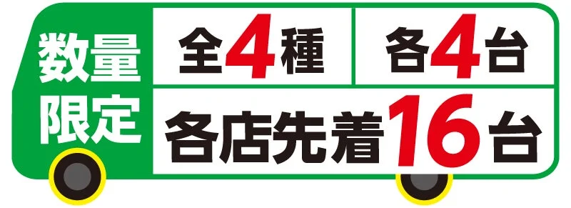 キャンペーン景品の数量限定表示。全4種各4台、各店先着16台