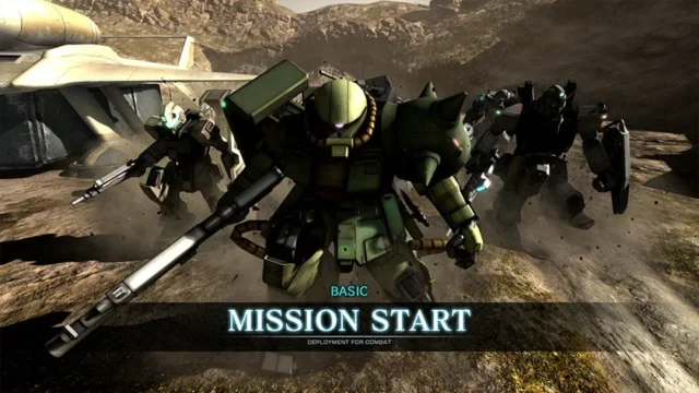 ゲーム「MISSION START」画面、ザクとMSが出撃準備中