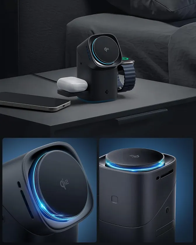 TAXION 3-in-1ワイヤレス充電器をベッドサイドで利用する様子と詳細