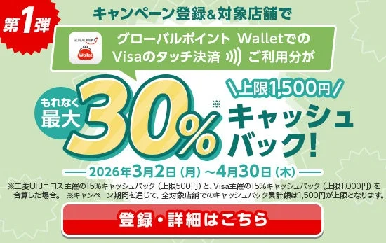 グローバルポイントWallet利用で最大30%キャッシュバックキャンペーンバナー