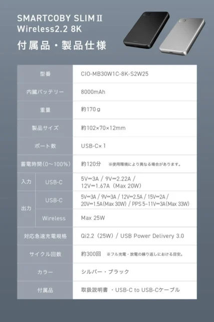 SMARTCOBY SLIMⅡ Wireless2.2 8Kの付属品と製品仕様の表