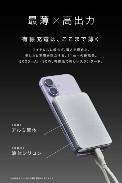 SMARTCOBY SLIMⅡ Pro 8Kをスマートフォンに装着した様子と薄型設計の説明