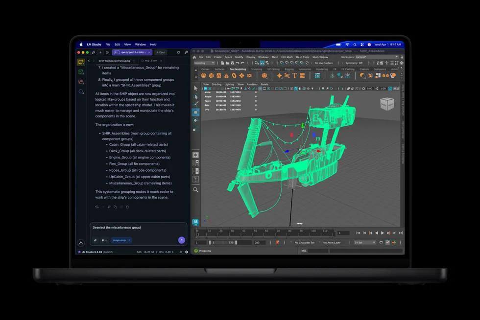 MacBook ProでLM StudioとAutodesk Mayaを実行する画面