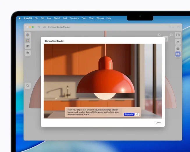 MacBook Airで3Dレンダリングアプリ「Shapr3D」でペンダントライトを生成する画面