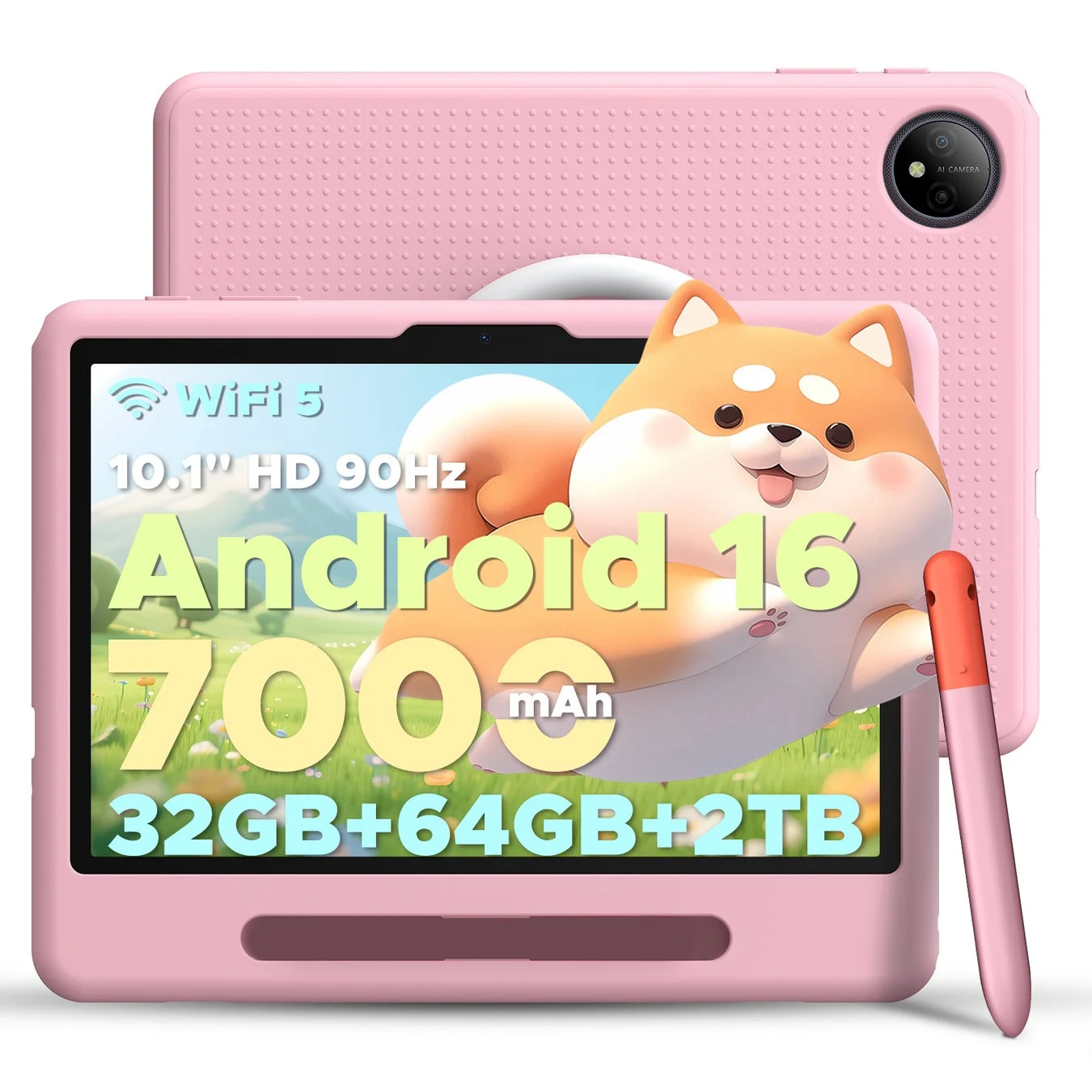子供向けタブレットPOCKAM P10KIDのピンクの製品画像。保護ケース付き。