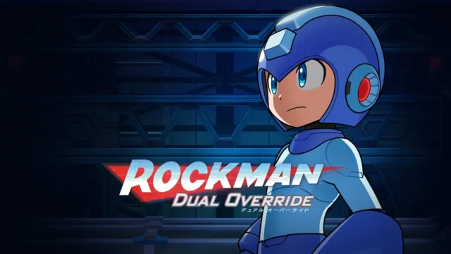 ロックマン: デュアル オーバーライドのゲームロゴとロックマンのイラスト