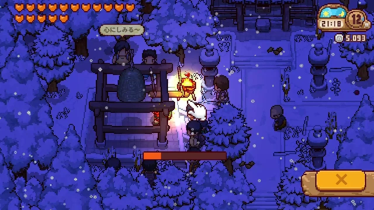 雪が積もる冬の除夜の鐘のゲーム画面