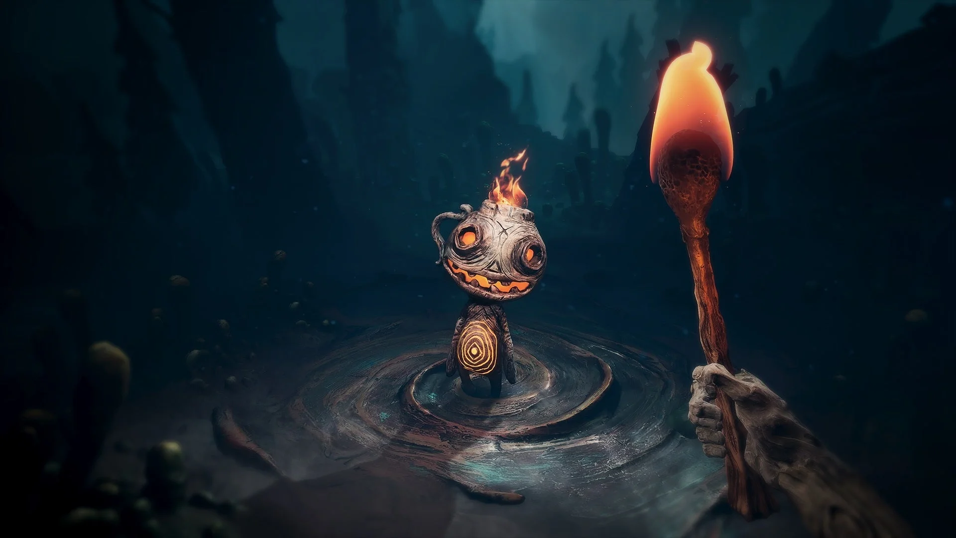 『The Midnight Walk』の主人公Potboyとプレイヤー視点の松明。ゲームの世界観を示す。