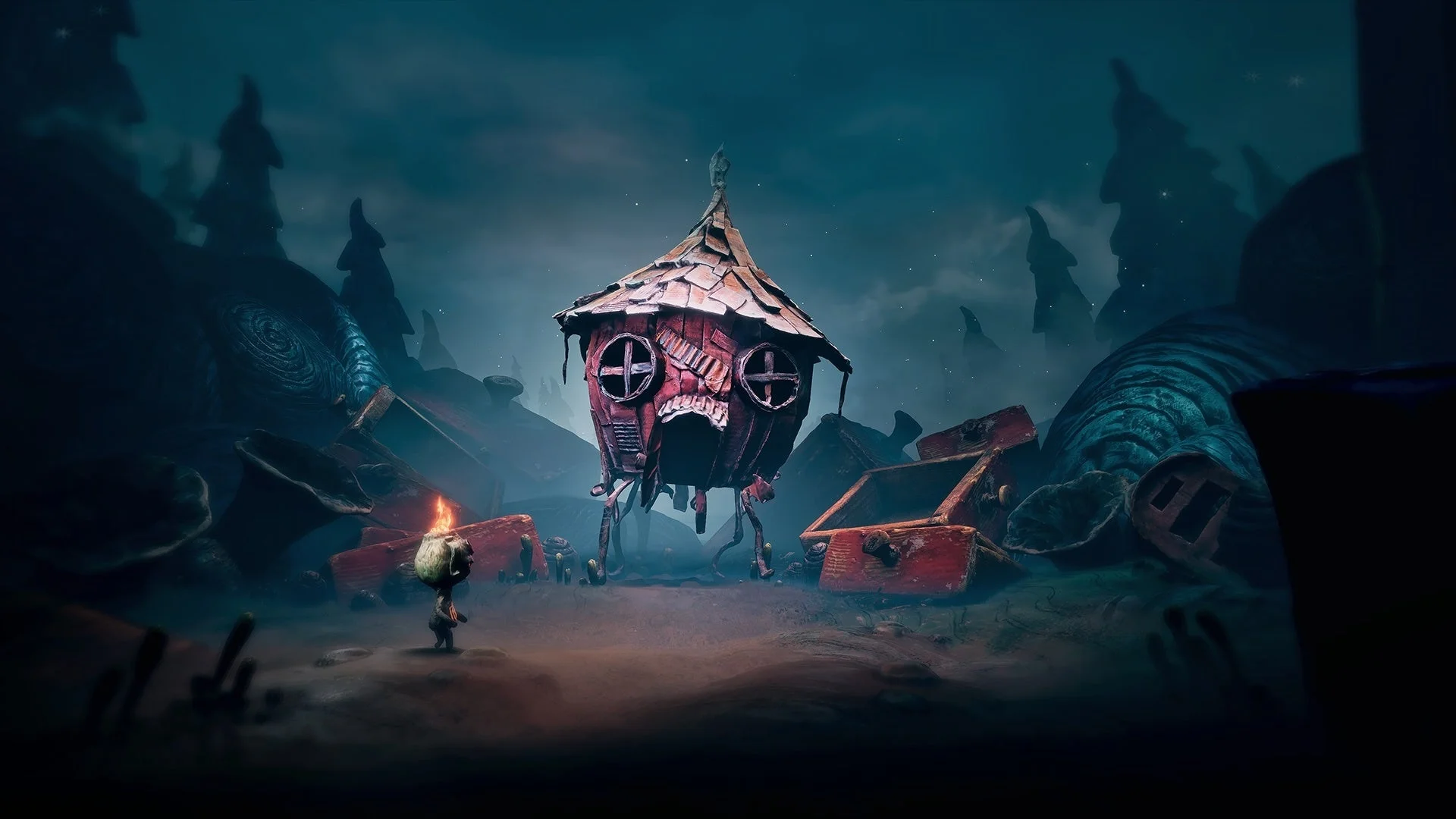 『The Midnight Walk』の粘土でできた独特の建物とPotboy。幻想的な世界観。