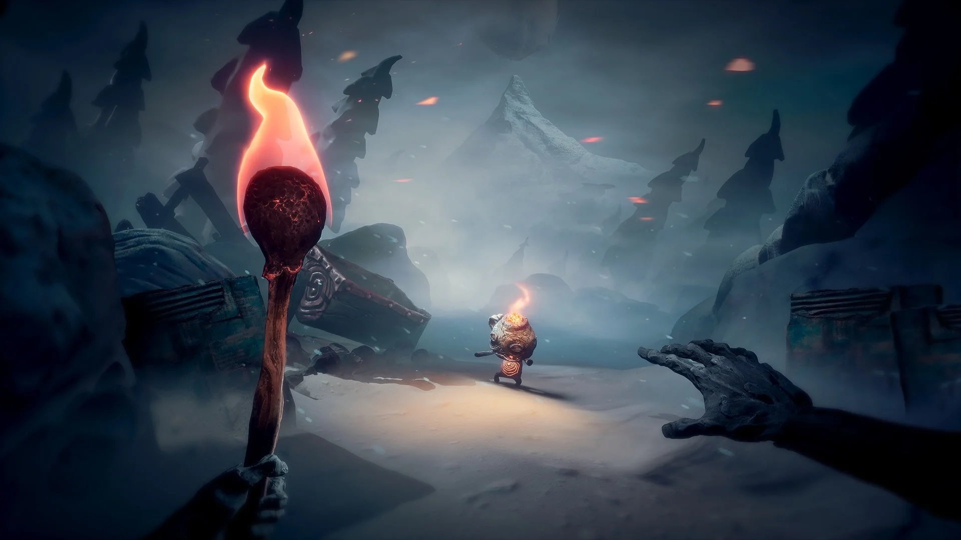 『The Midnight Walk』の雪景色の中を進むPotboy。プレイヤーの松明が道を照らす。