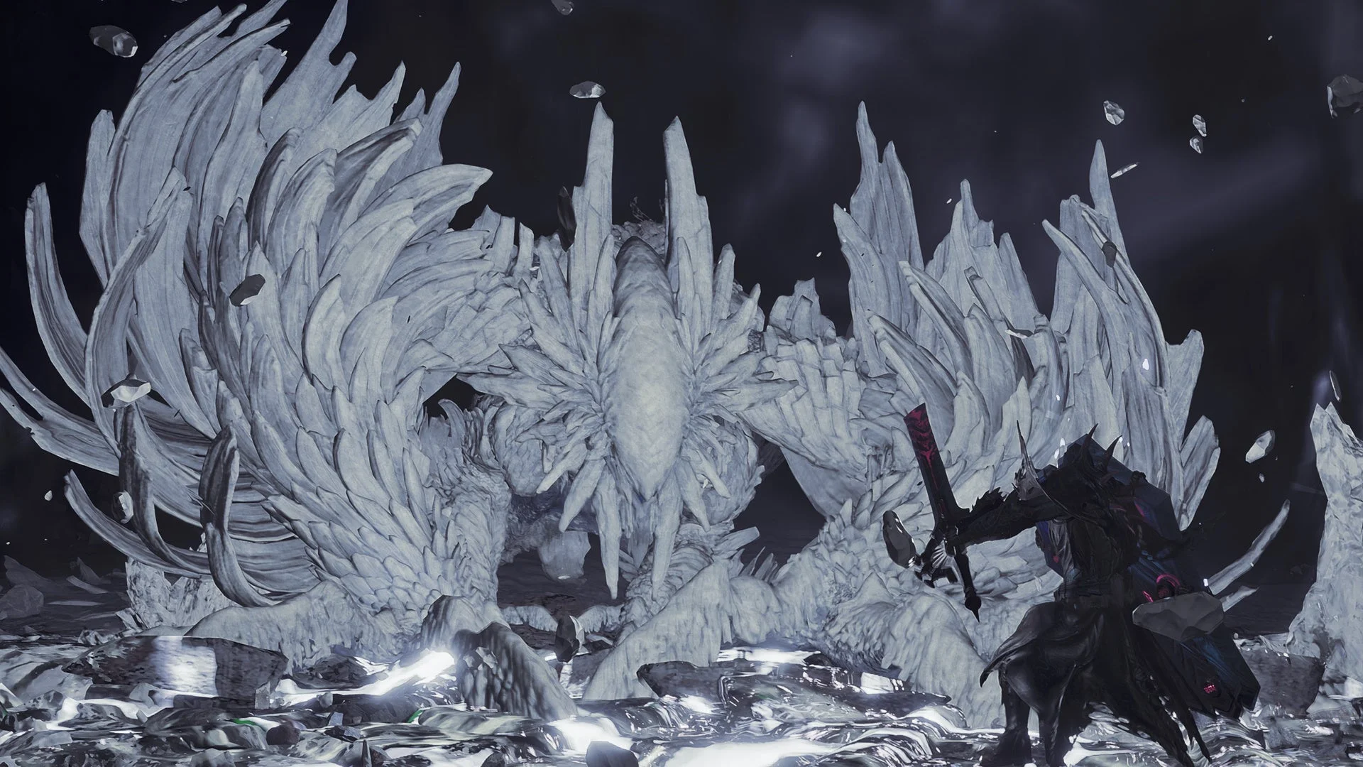 強力な個体「ゾ・シア」と対峙するハンターの戦闘シーン。