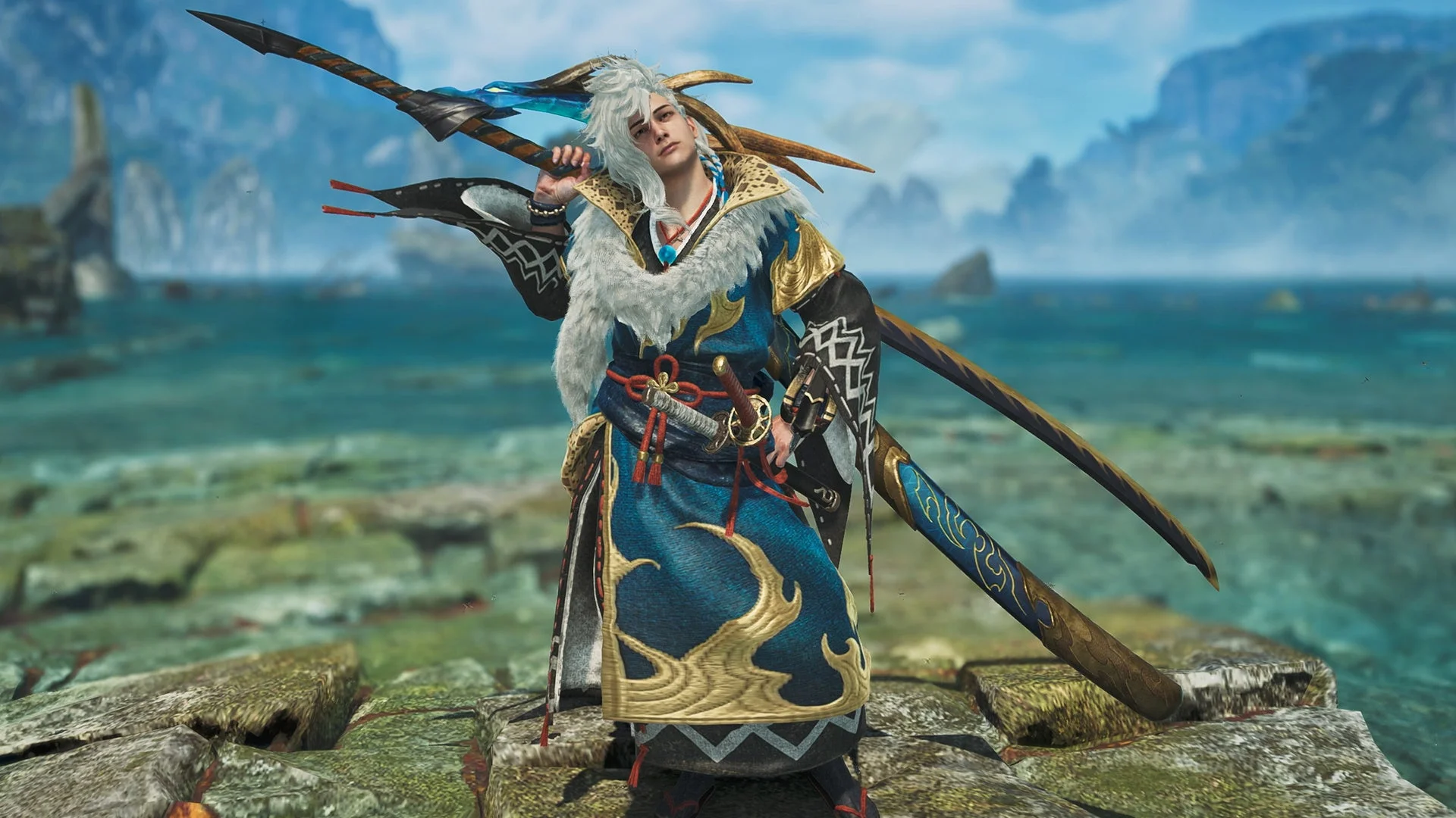 太刀「蒼星ノ太刀」とハンター防具「蒼世ノ侍αシリーズ」を装備したハンター。