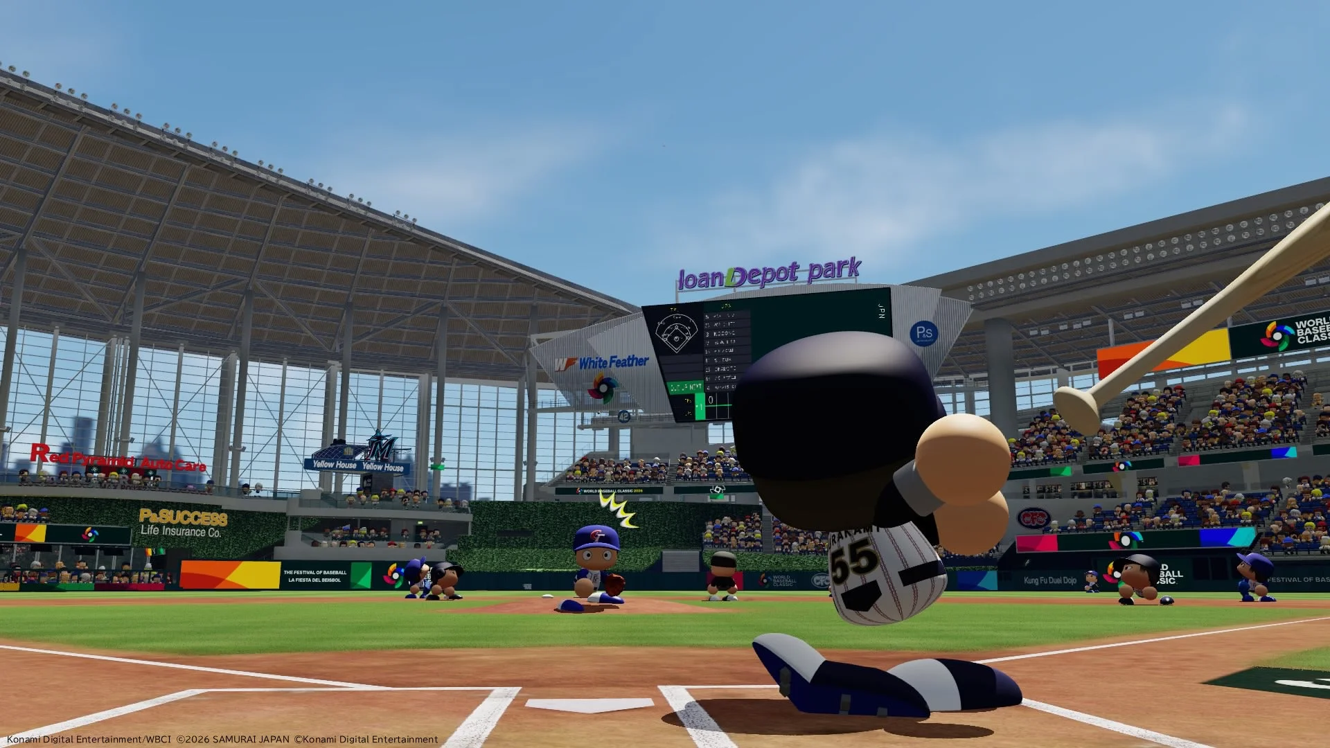 パワプロ2026の試合中の球場全体を見下ろすゲーム画面。