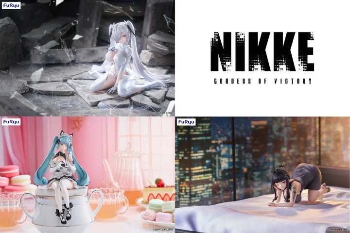「勝利の女神:NIKKE」ぬーどるストッパーフィギュア3種とロゴの集合ビジュアル