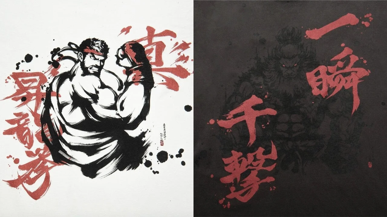 リュウと豪鬼Tシャツのプリント部分詳細