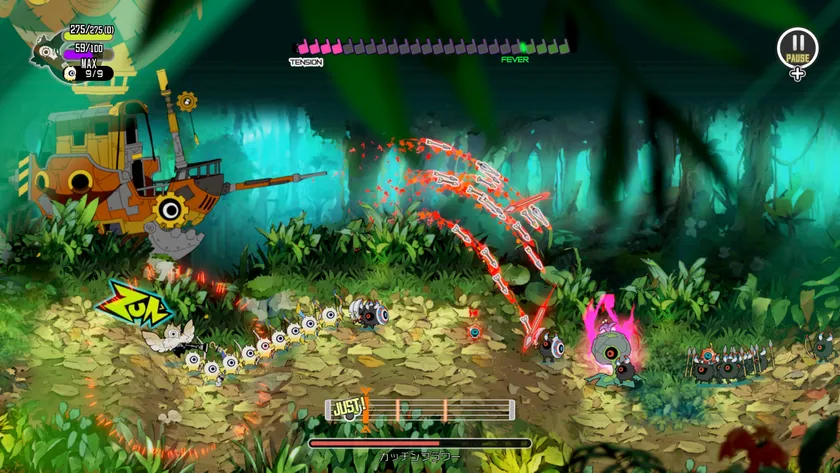 『Ratatan(ラタタン)』の緑豊かな森ステージでの戦闘画面