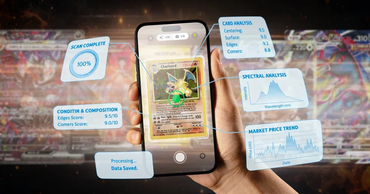 スマートフォンでポケモンカードをスキャンし、AIがセンタリングや価格目安を分析するAXCIアプリの画面