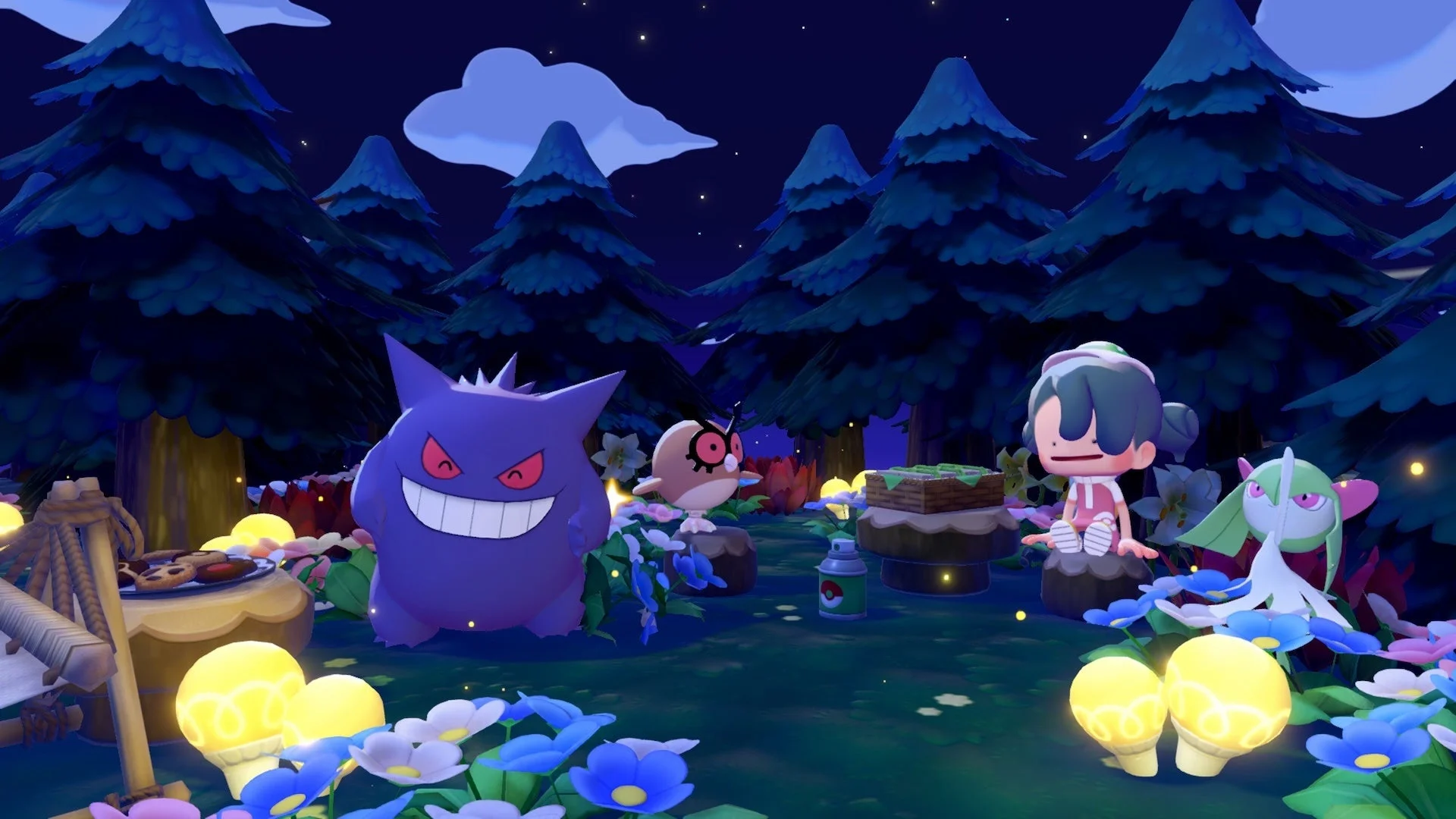 「ぽこ あ ポケモン」ゲーム画面：夜の森でキャンプするポケモンたち