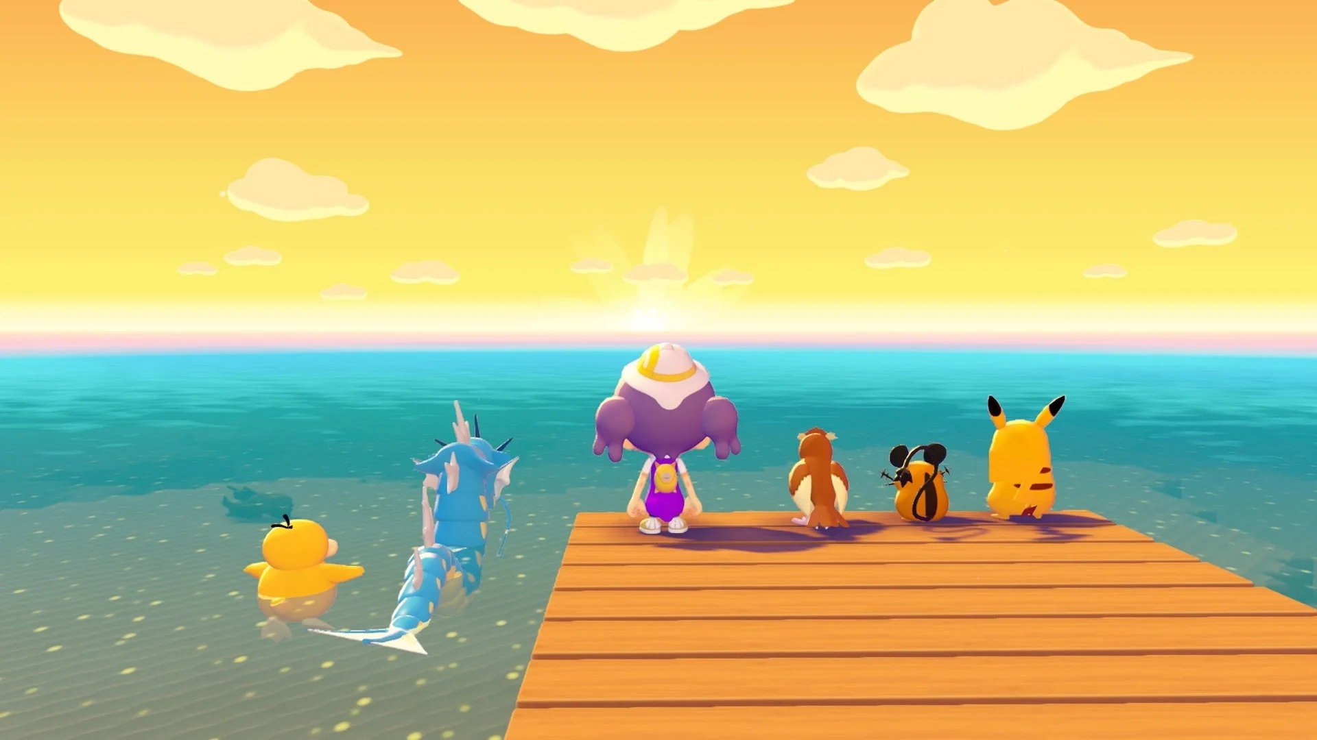 「ぽこ あ ポケモン」ゲーム画面：夕焼けの海を眺めるポケモンたち