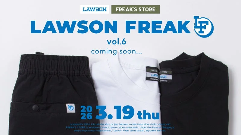 ローソンフリーク第6弾の告知ビジュアル、3月19日販売開始のアイテム（パンツ、Tシャツ）が写っている