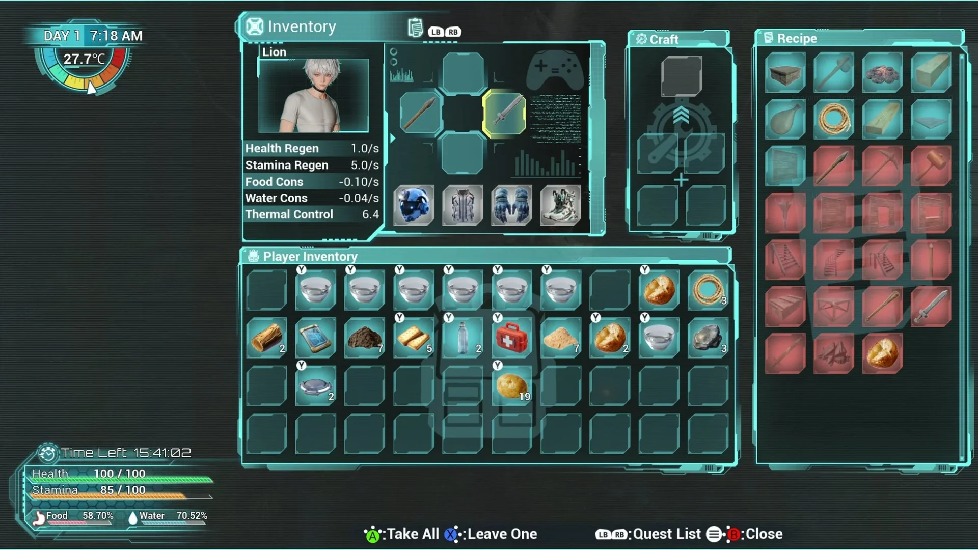 『Exelio -エグゼリオ』のインベントリとクラフト画面UI