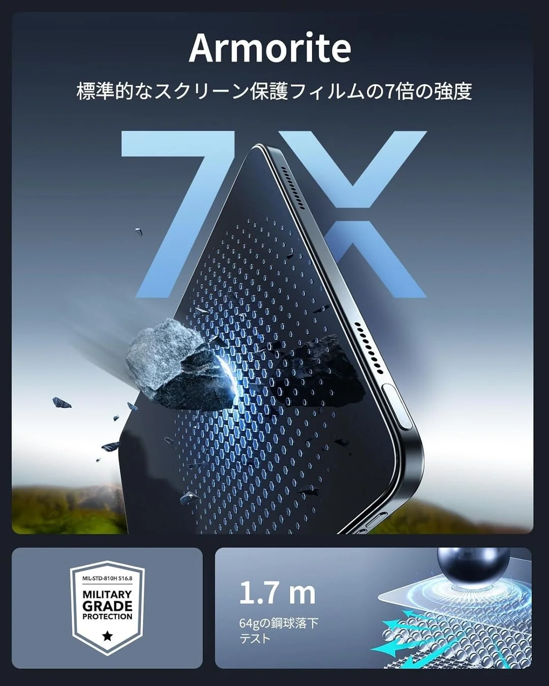 ESRスクリーン保護フィルムの耐衝撃性能（7倍）