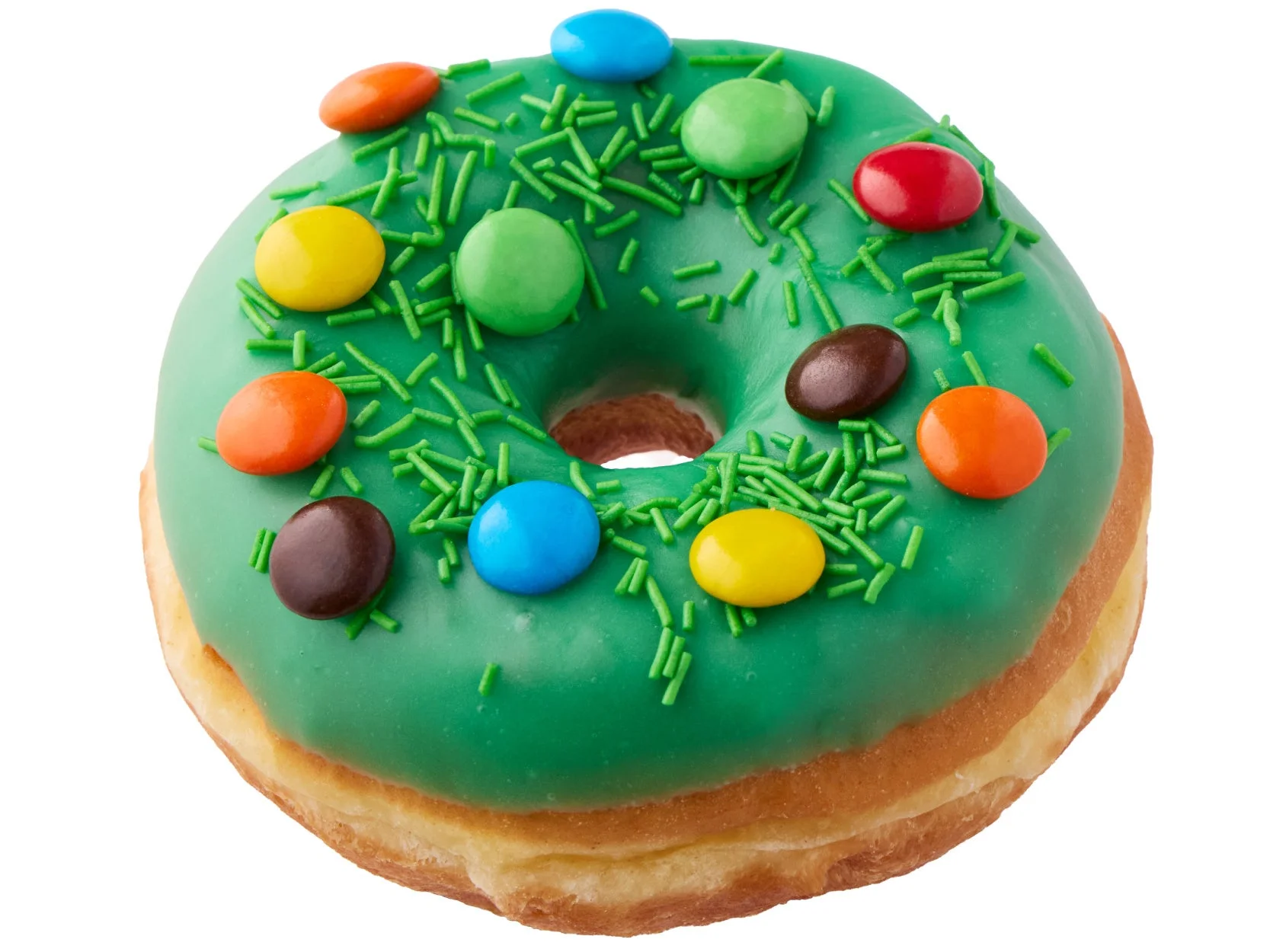 鮮やかなグリーンのアイシングとカラフルなスプリンクルが特徴のドーナツ「リミテッド グリーンレイズド」