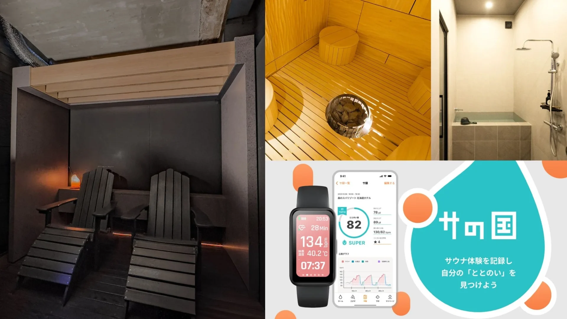 ととのう風が設置された休憩スペース、サウナ室、水風呂、スマートウォッチとサ活アプリの画面