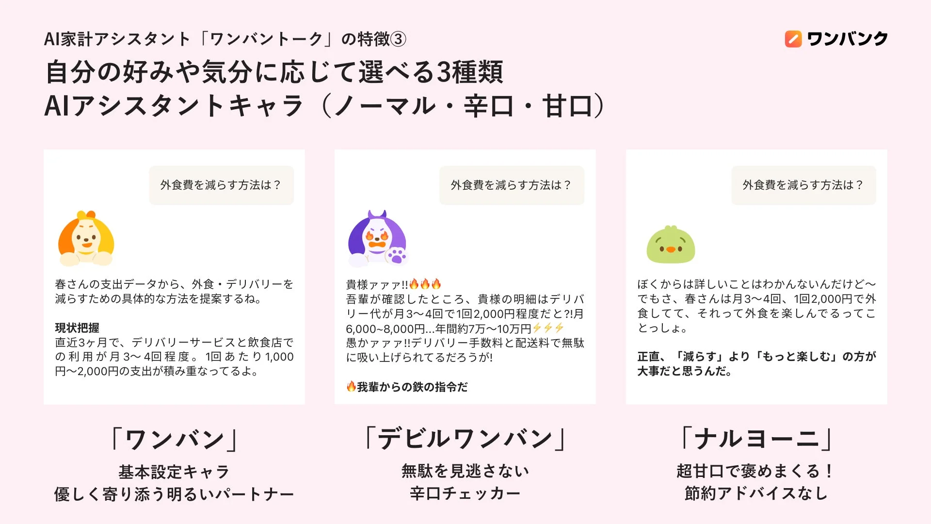 AI家計アシスタント「ワンバントーク」で選択可能な3種類のキャラクター（ワンバン、デビルワンバン、ナルヨーニ）。