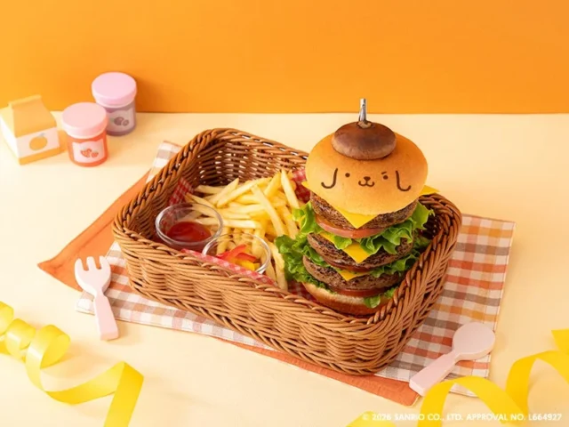 ポムポムプリンの顔がデザインされた「もぐもぐチーズバーガー」のダブルサイズ