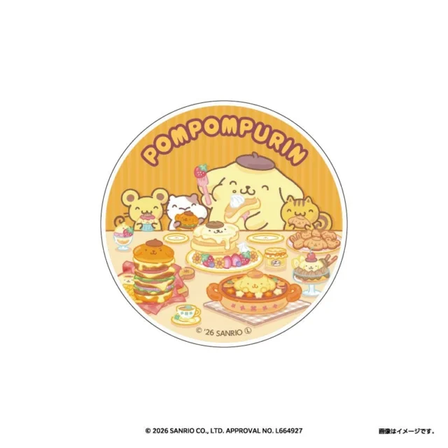 ポムポムプリンと仲間たちがカフェメニューを楽しむデザインの白雲石コースター