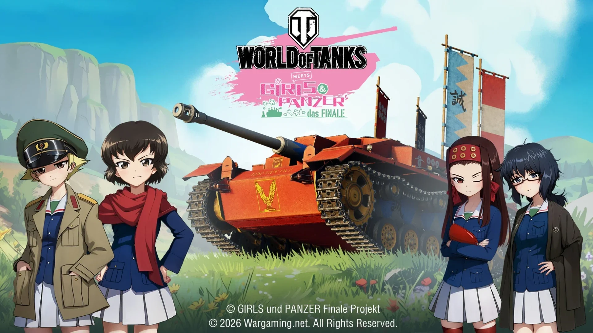 World of Tanksとガールズ＆パンツァーのコラボキービジュアル。カバさんチームのメンバーとStuG III Ausf. F Kabasan戦車