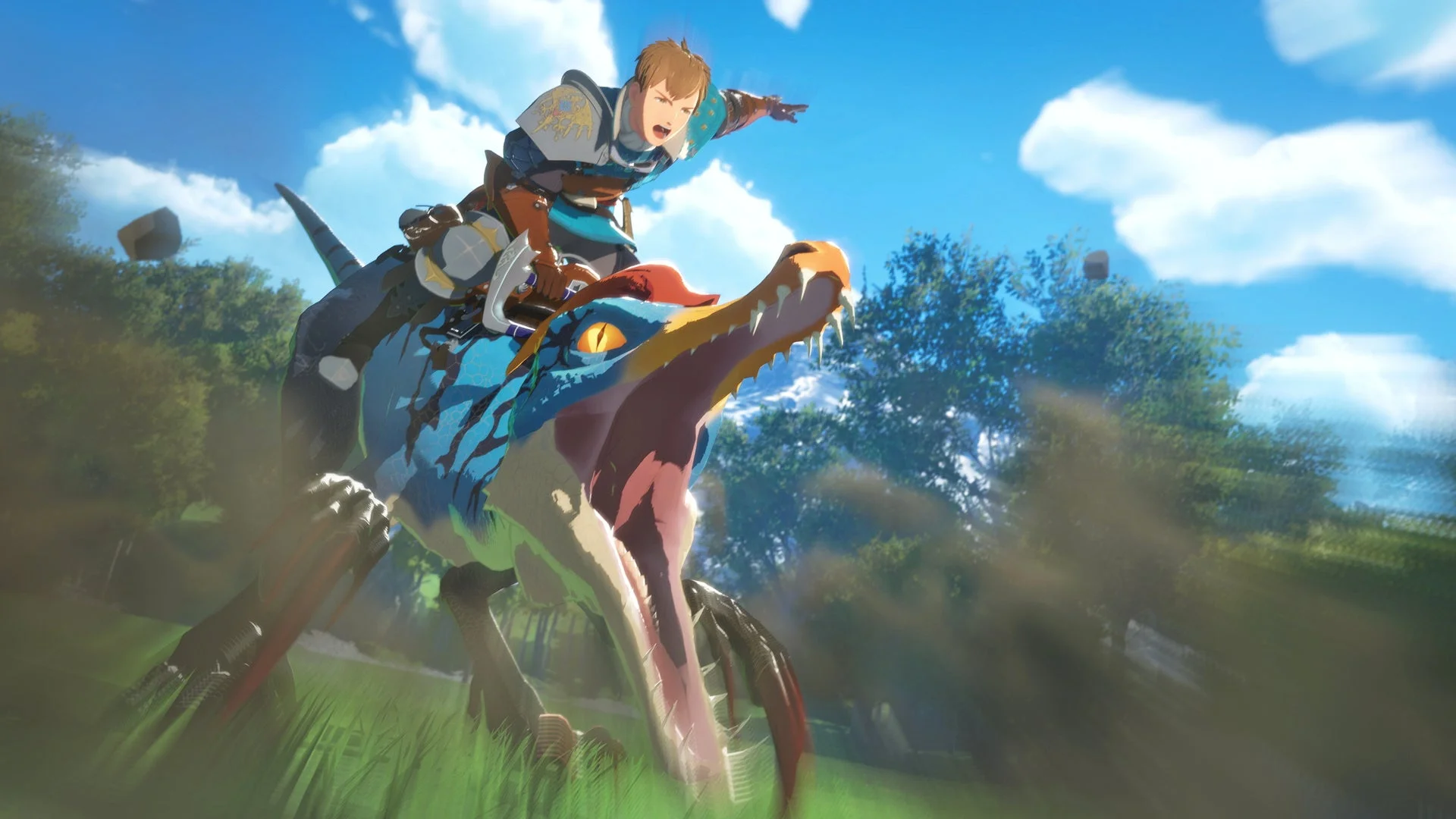 ドスランポスにライダーが乗ってフィールドを駆ける