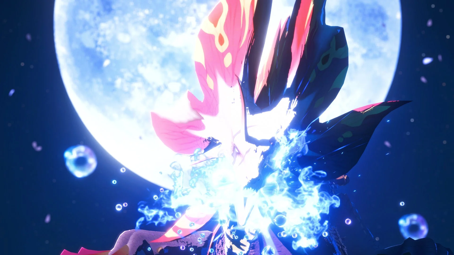 天眼タマミツネが満月を背景に強力な泡を放つ