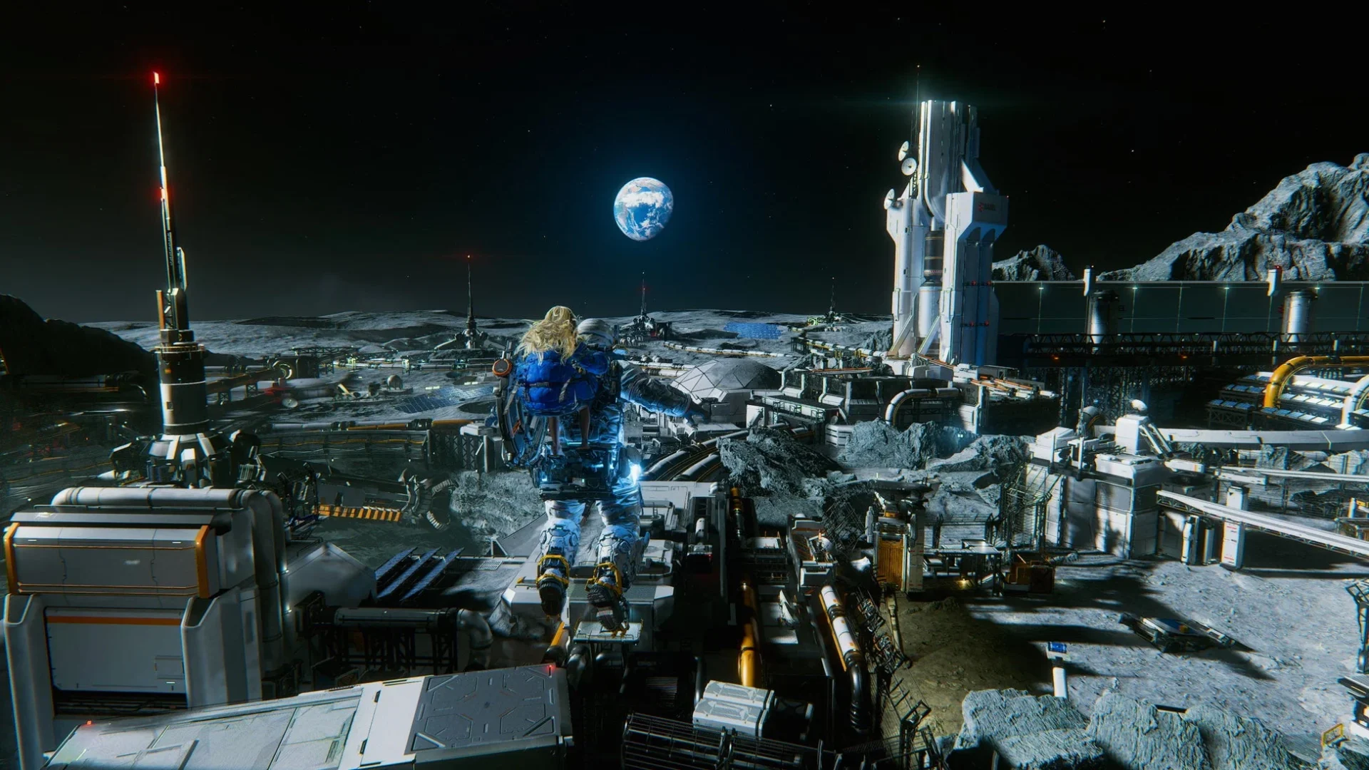 月面を探索するヒューと地球の景色