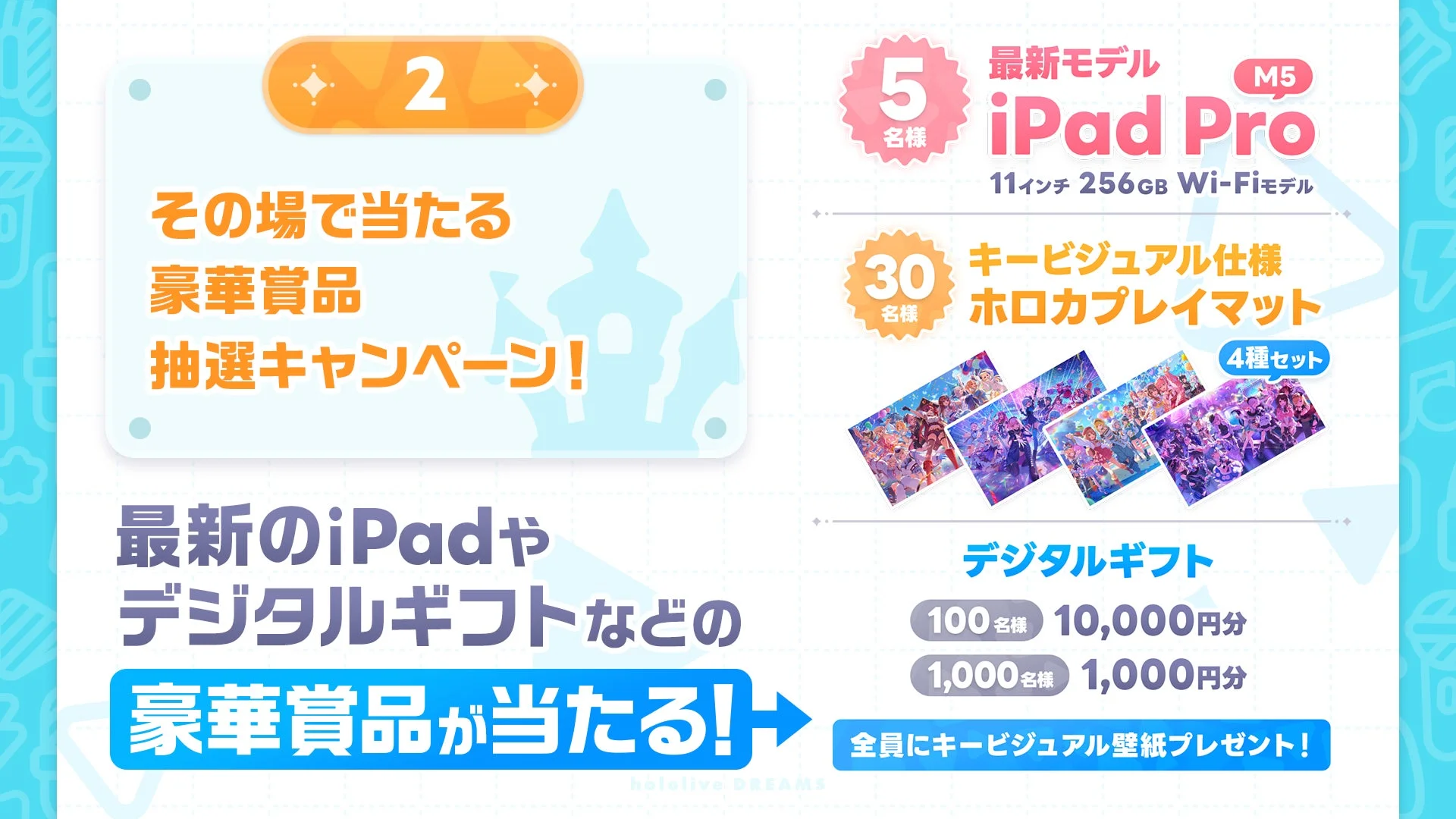 事前登録キャンペーン豪華賞品抽選の内容、iPadやデジタルギフト