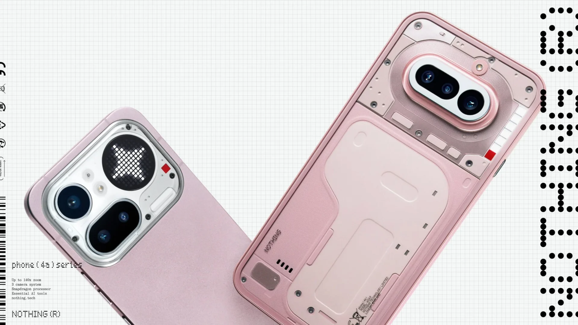 Nothing Phone (4a)シリーズの背面デザイン。ピンク系の2モデルが特徴的なシースルーデザインとGlyphインターフェースを見せている。