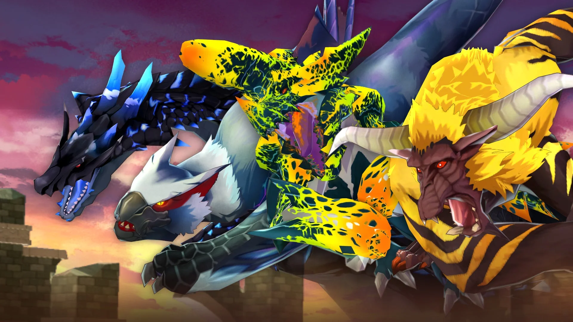 モンスターハンターパズル アイルーアイランド イベント「竜の宴」で登場するナルガクルガ希少種、激昂したラージャン、ラギアクルス希少種、猛り爆ぜるブラキディオス