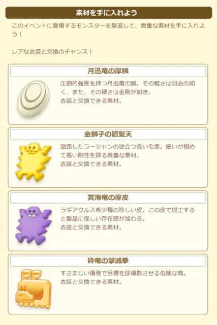 イベント「竜の宴」で獲得できる月迅竜、金獅子、冥海竜、砕竜の素材一覧