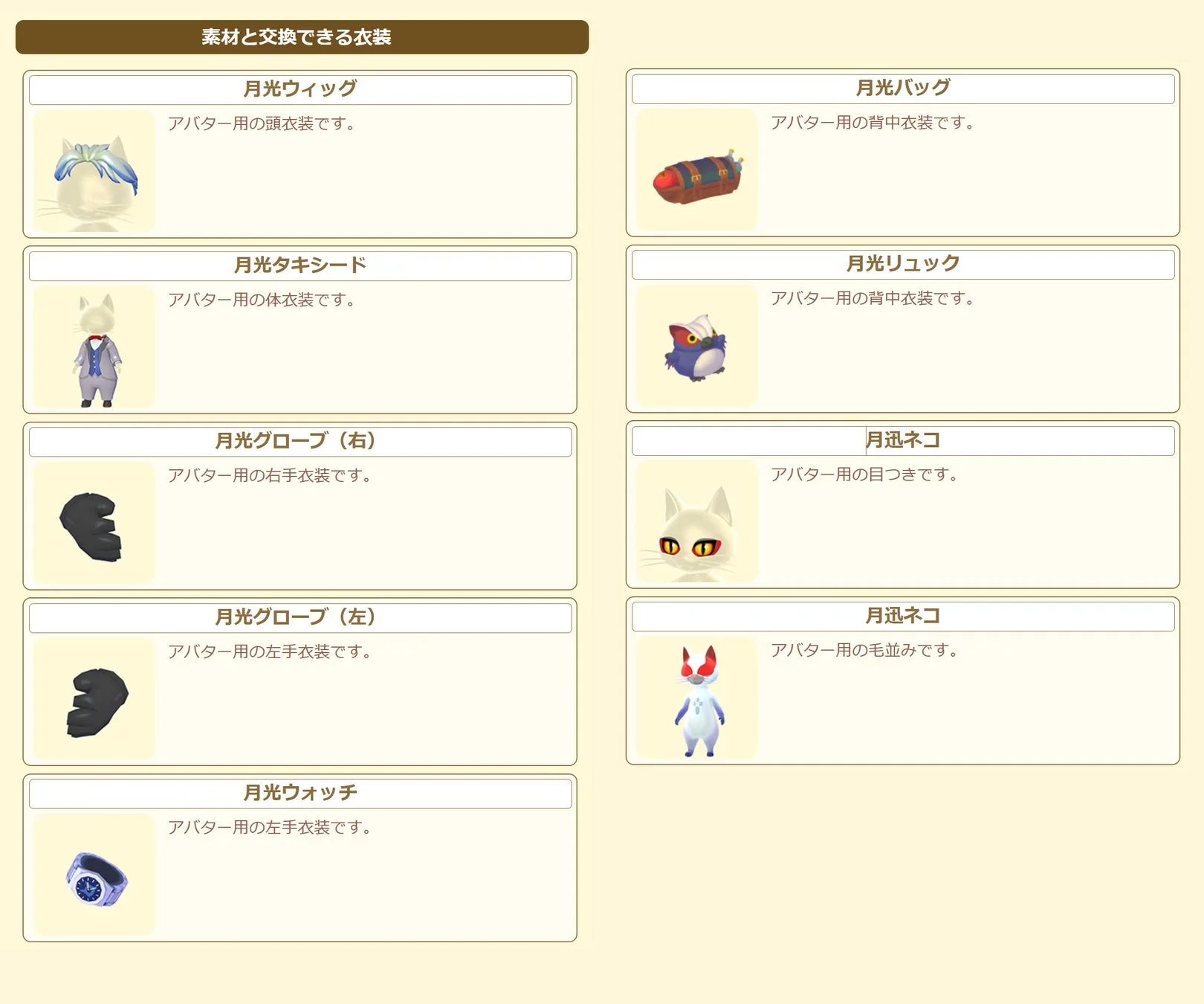 イベント報酬「月光」シリーズのアイルー用衣装一覧