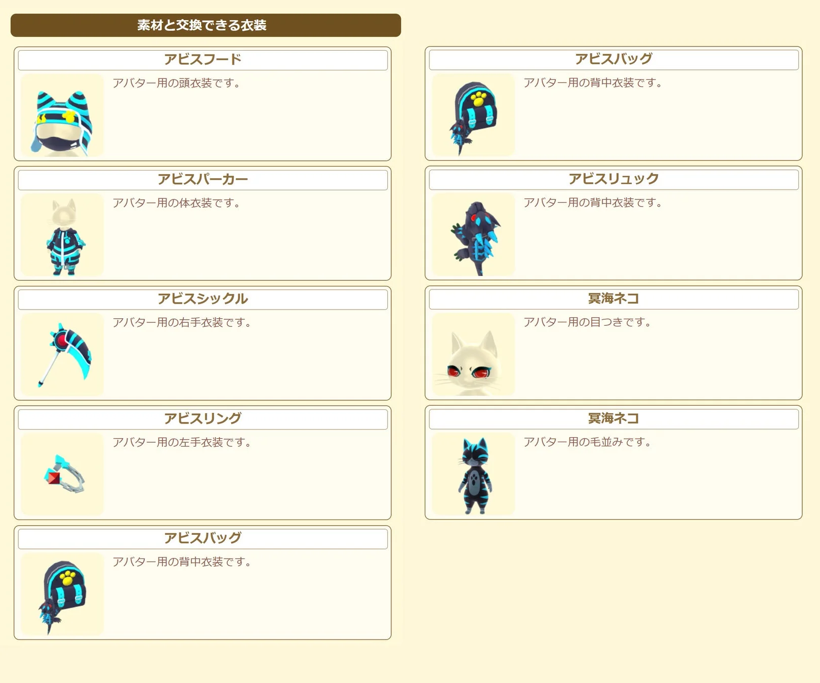 イベント報酬「アビス」シリーズと「冥海ネコ」のアイルー用衣装一覧