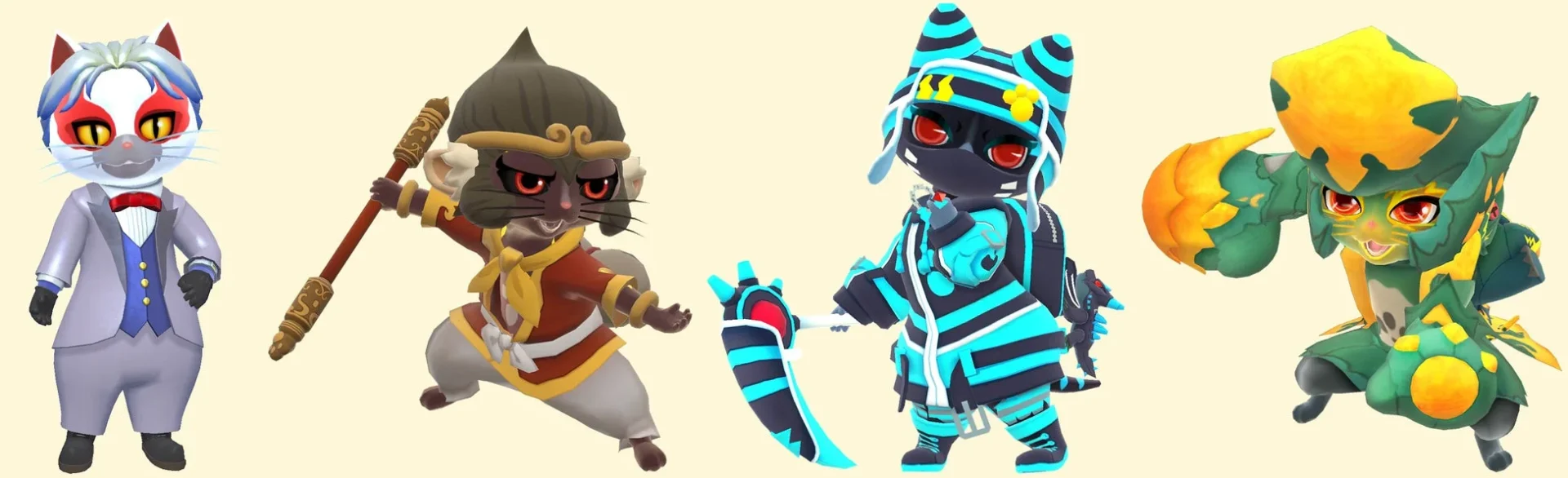 イベント報酬衣装「月光タキシード」「EX斉天ネコノ金環α」「アビスパーカー」「EX爆砕ネコヘッドギアα」を着用したアイルーたち