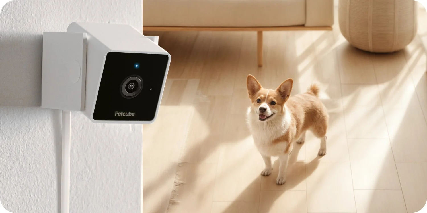 壁に設置されたPetcube Camと室内を見上げる犬