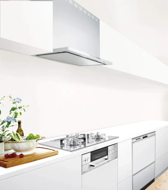 Rinnaiのビルトインコンロ、レンジフード、食洗機が設置されたキッチン