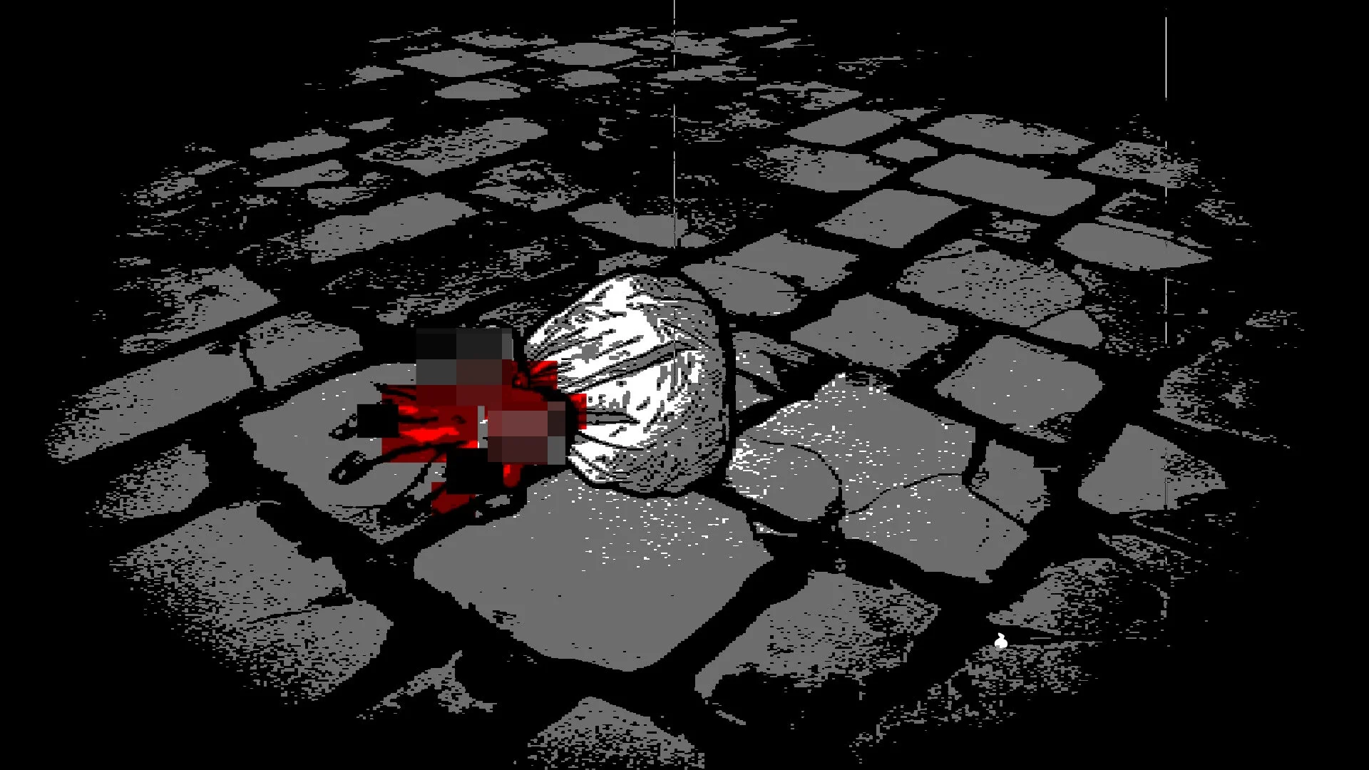 血痕が滲む麻袋と石畳