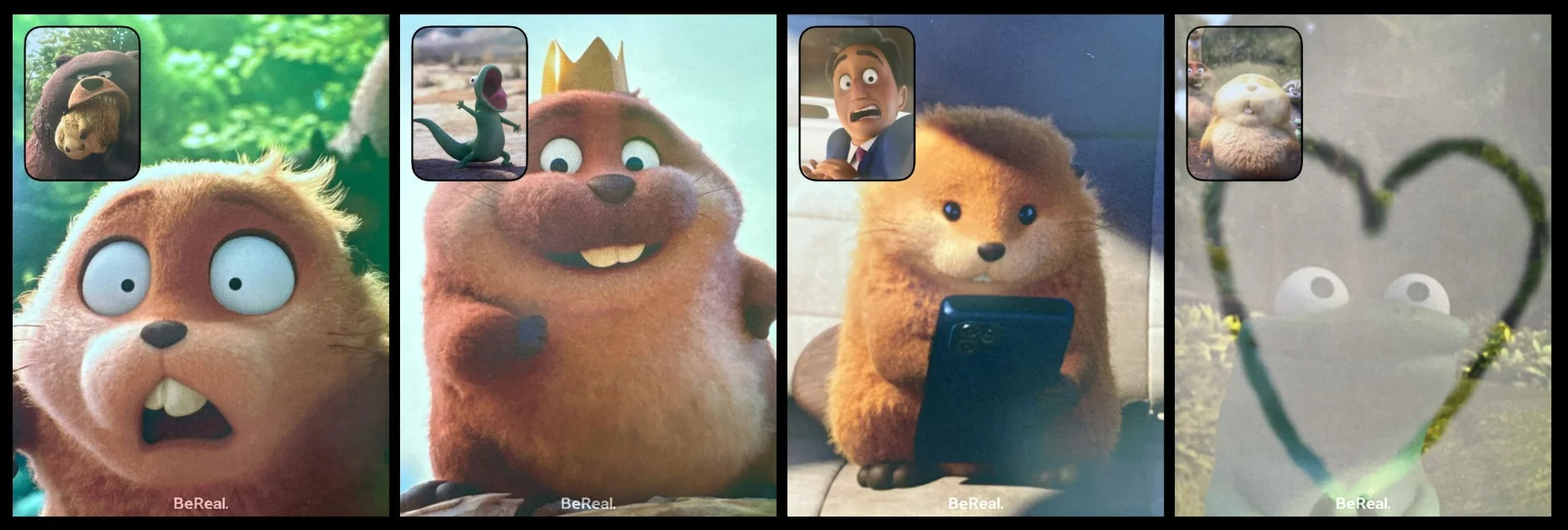 映画『私がビーバーになる時』のキャラクターが登場するBeReal.投稿イメージ。