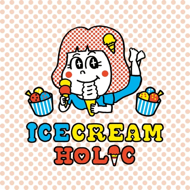 「ICECREAM HOLIC」のロゴとアイスクリームを食べるキャラクターのイラスト